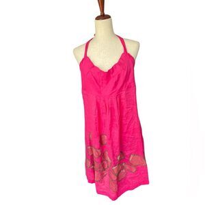Diane Von Furstenburg beaded hot pink linen halter dress / swim coverup size L